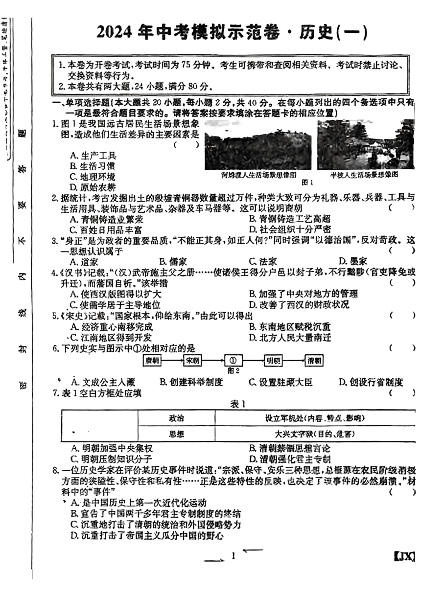 江西省赣州市部分学校2024年九年级下学期一模历史试题（扫描版无答案）