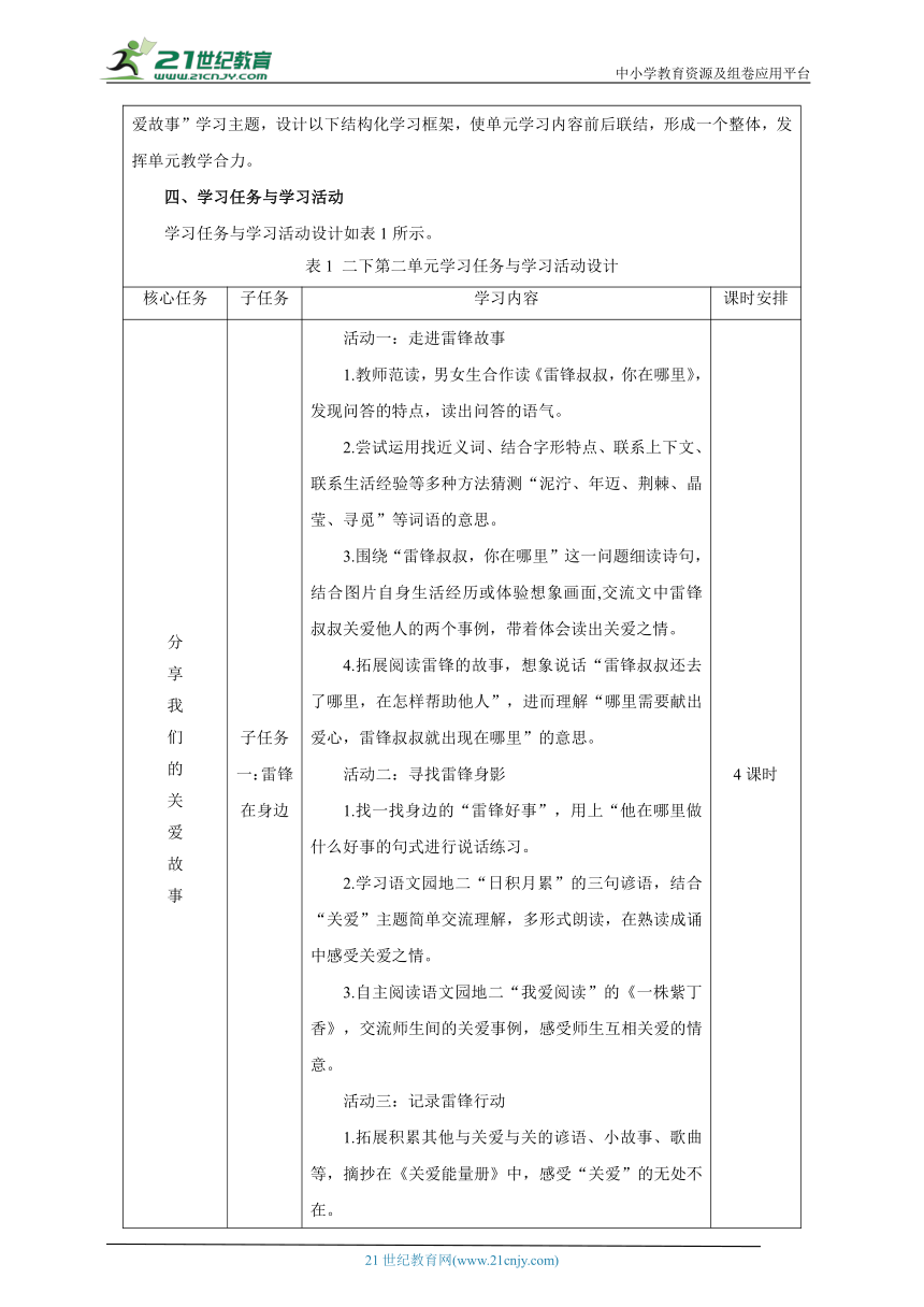人教统编版（部编版）语文二年级下册第二大单元整体学习任务设计（表格式）