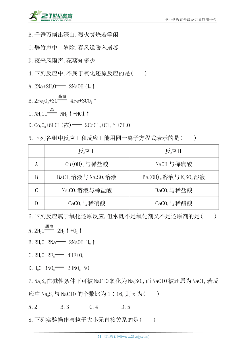 2024人教版新教材高中化学必修第一册同步练习--第一章　物质及其变化（含解析）