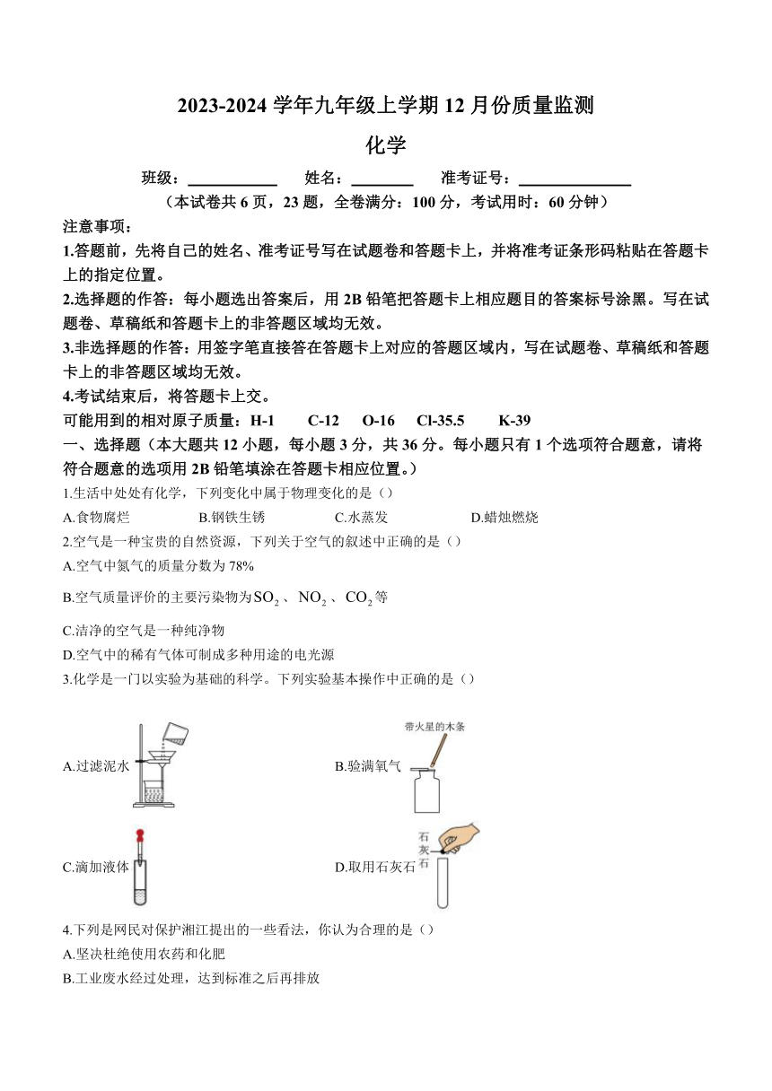 湖南省周南教育集团2023-2024学年九年级上学期12月月考化学试题（含答案）