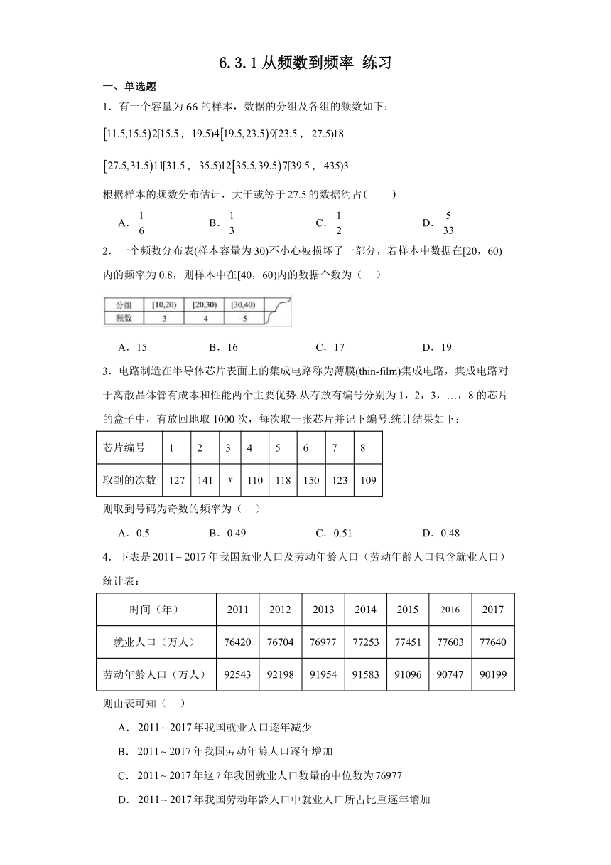 6.3.1从频数到频率 练习（含解析）