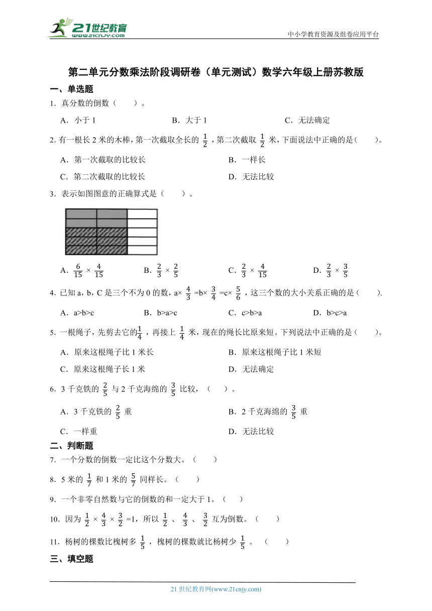 第二单元分数乘法阶段调研卷（单元测试）数学六年级上册苏教版（含答案）
