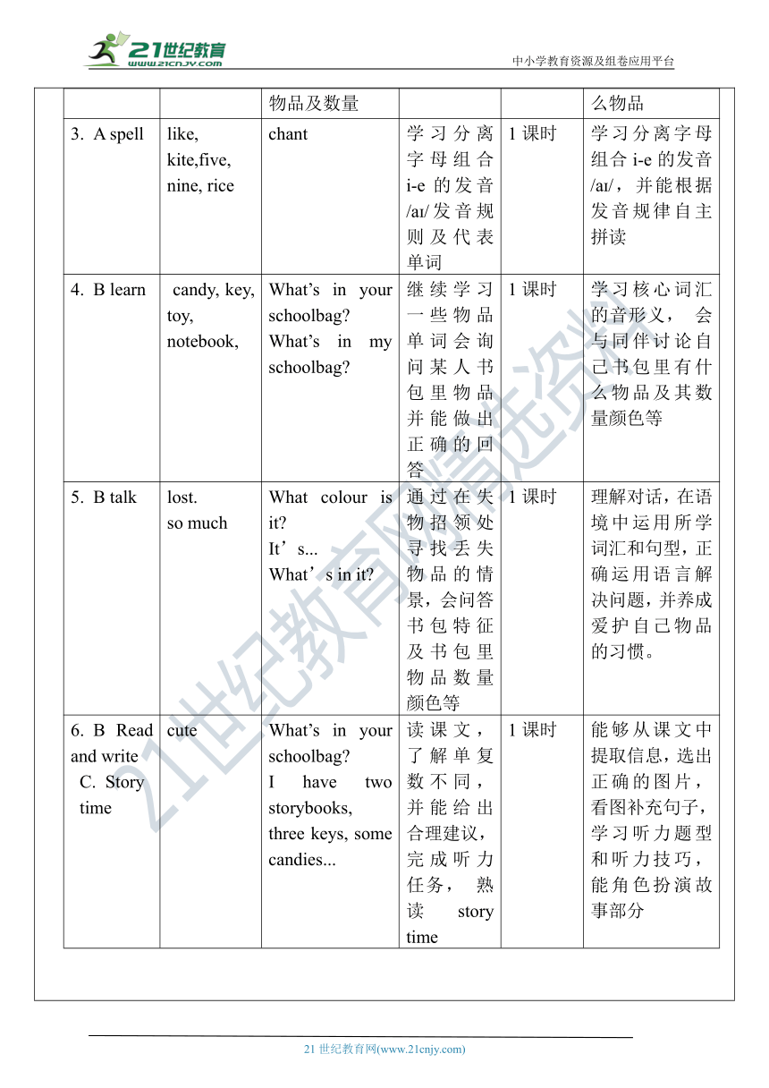 【单元整体教学设计】Unit 2 My schoolbag PB Read and write &PC story tim教案