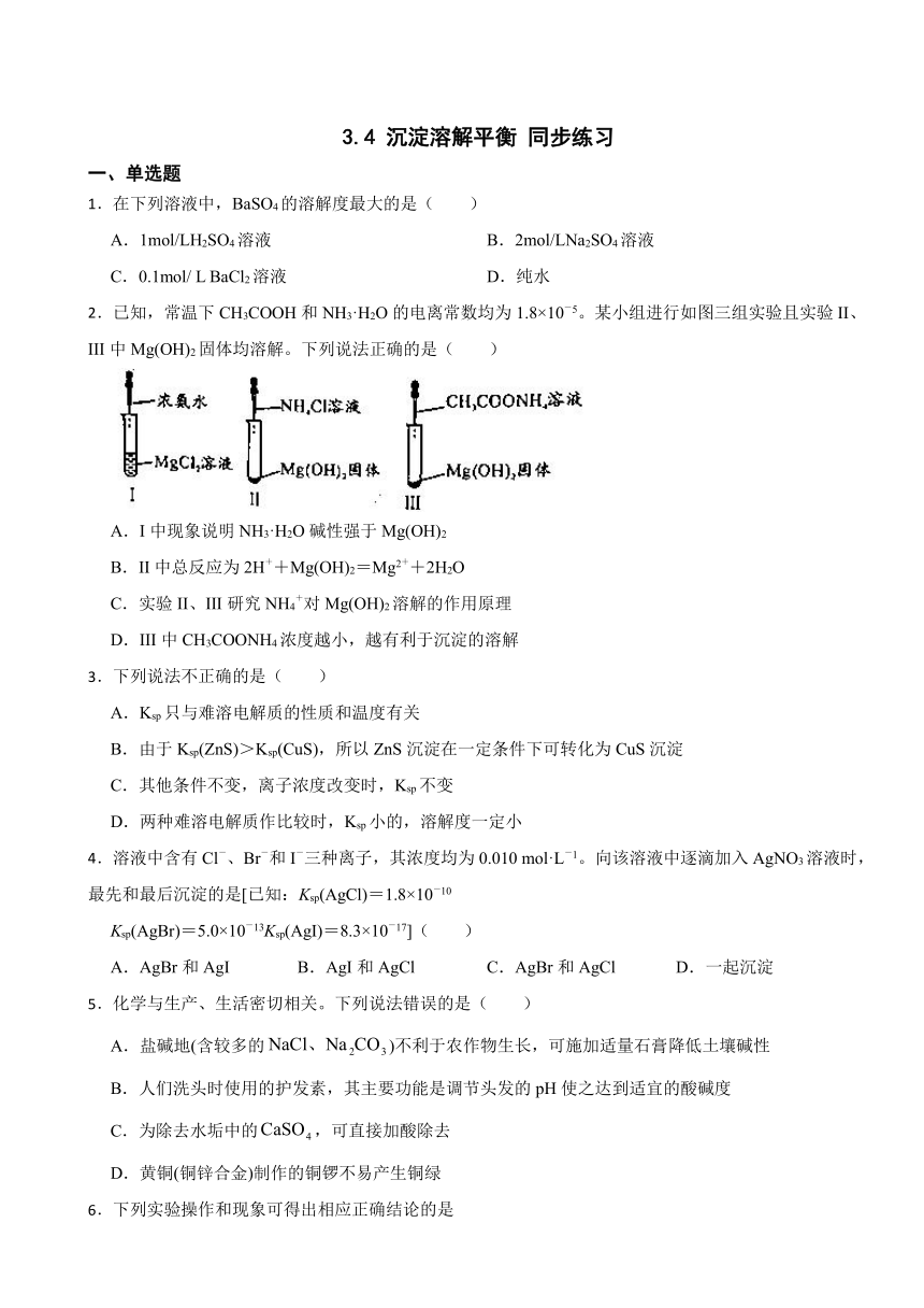 3.4 沉淀溶解平衡 同步练习（含解析） 2023-2024学年高二上学期化学苏教版（2019）选择性必修1