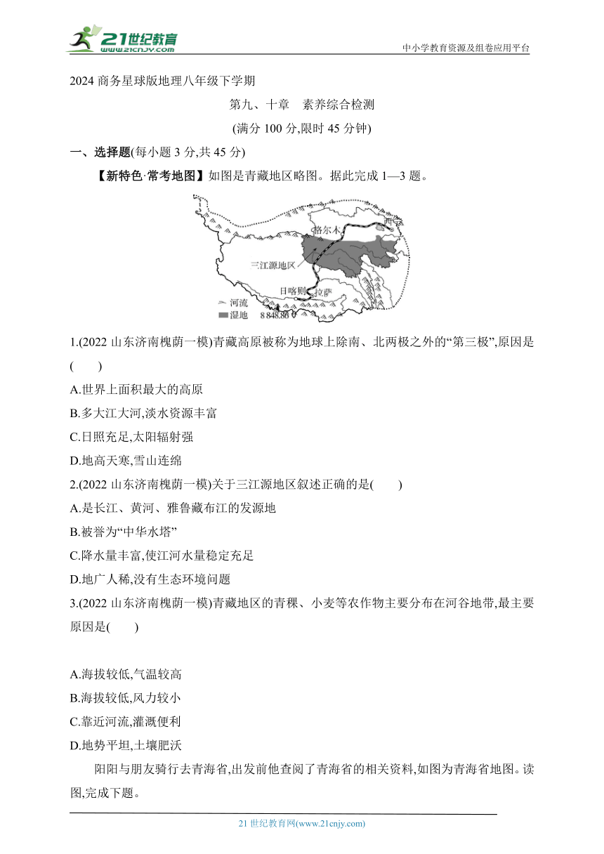 2024商务星球版地理八年级下学期--第九、十章 素养综合检测（含解析）