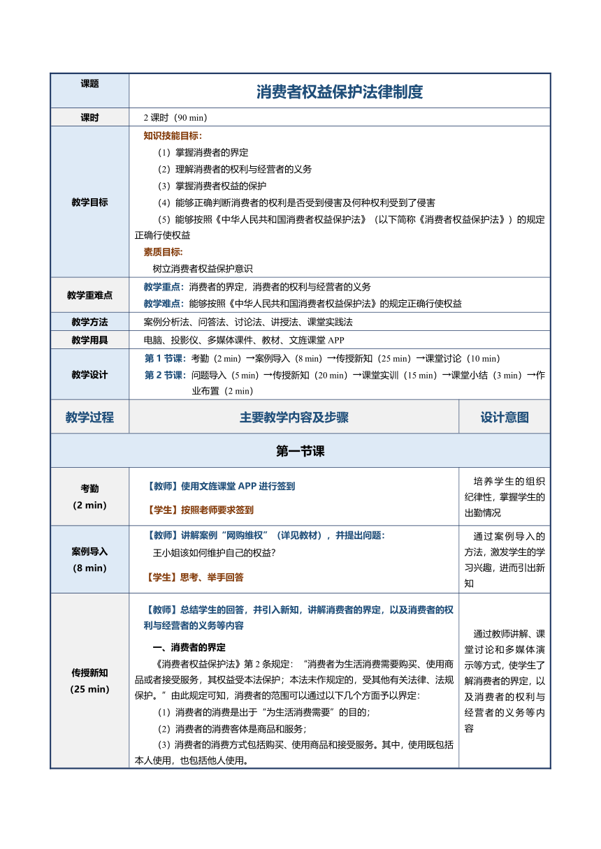第22课消费者权益保护法律制度 教案（表格式）《经济法基础》（江苏大学出版社）