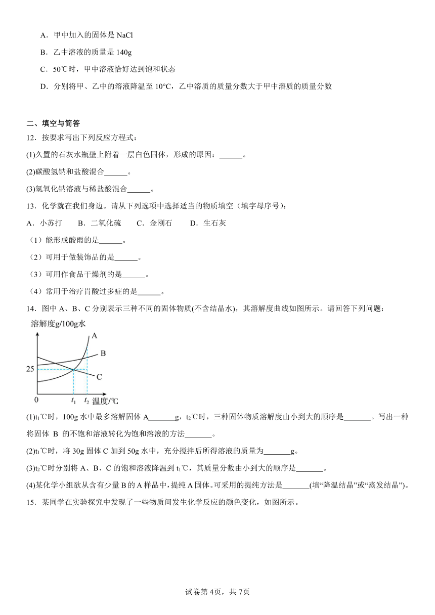 第八单元海水中的化学复习题2023-2024学年九年级化学鲁教版下册（含解析）