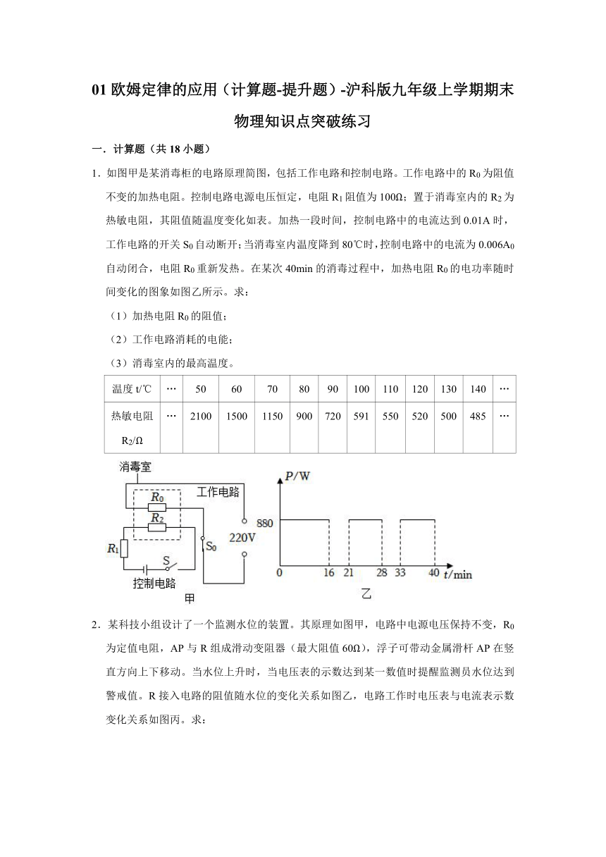 01欧姆定律的应用（计算题-提升题）-沪科版九年级上学期期末物理知识点突破练习（含解析）