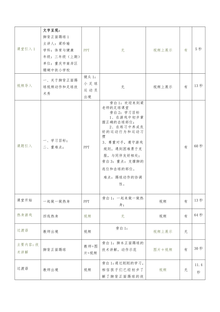 人教版三年级体育上册  足球单元、脚背正面踢球1  教案（表格式）