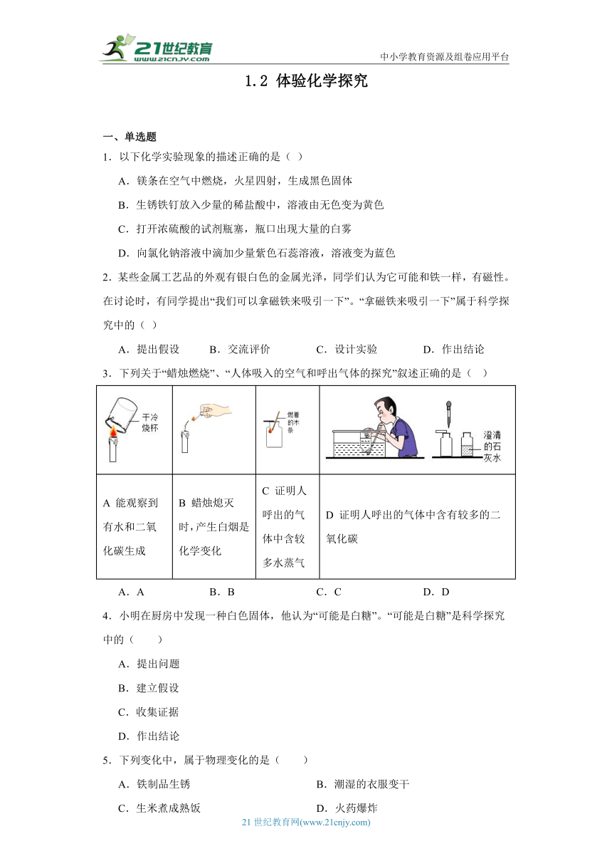 1.2 体验化学探究 同步练习 ---2023-2024学年九年级化学鲁教版上册