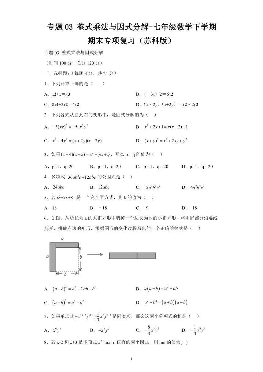 苏科版七年级数学下学期期末专项复习 专题03整式乘法与因式分解（含解析）