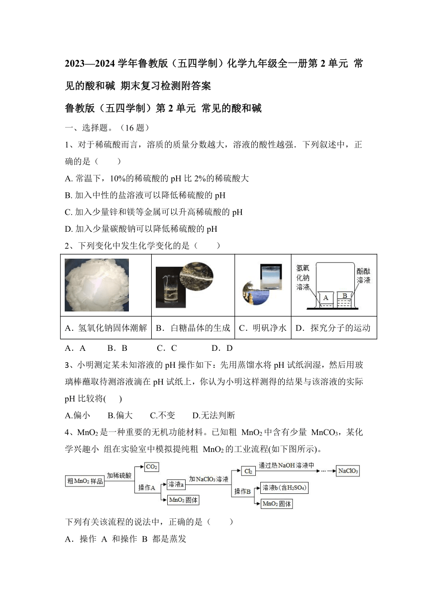 2023—2024学年鲁教版（五四学制）化学九年级全一册第二单元 常见的酸和碱 期末复习检测（含答案）