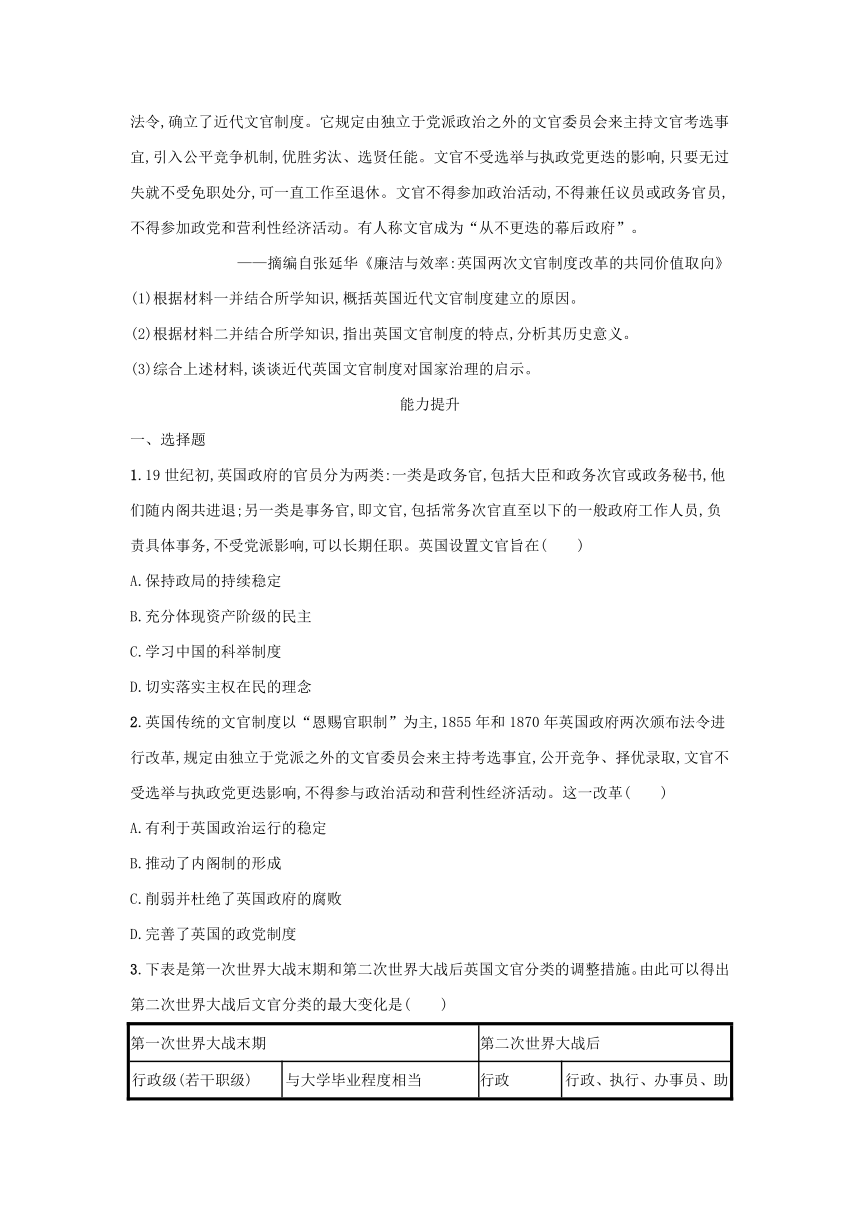 部编版选择性必修1浙江专版2023-2024学年新教材高中历史第2单元官员的选拔与管理第6课西方的文官制度课后提升训练（含解析）