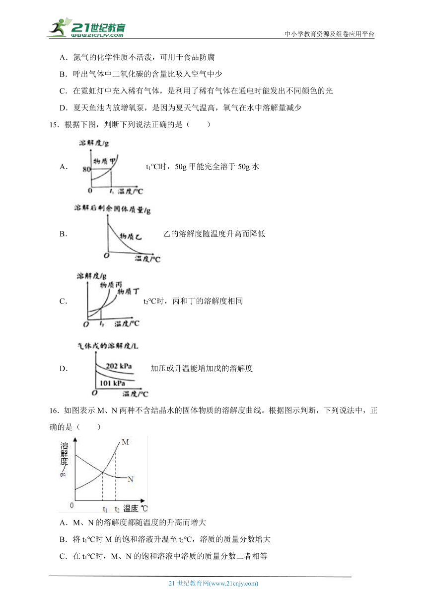 人教版化学九年级下册 9.2 溶解度 (1) 同步练习（含答案）