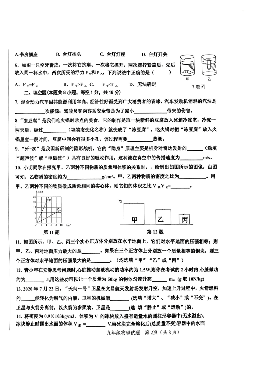 2024年甘肃省永靖县部分学校九年级中考一模物理试题（PDF版  无答案）