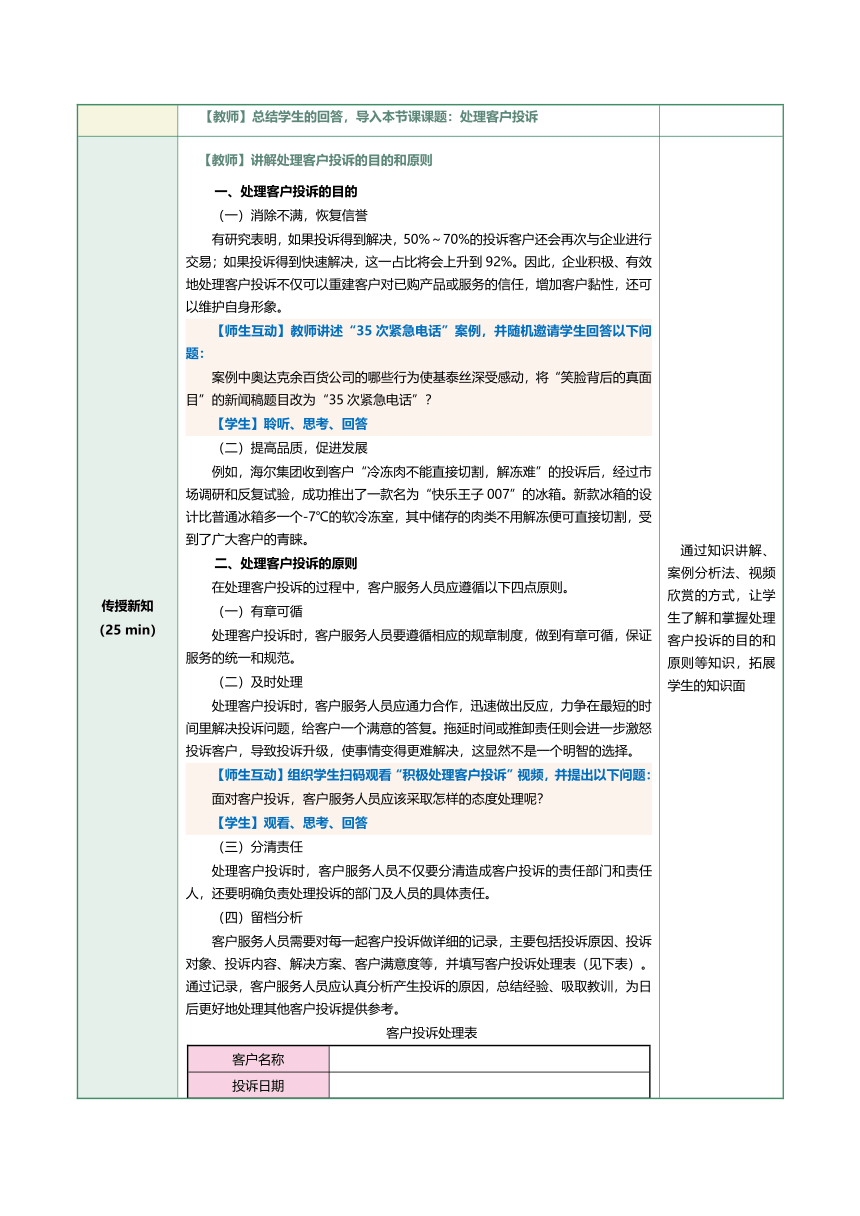 11.1处理客户投诉 教案（表格式）《客户服务与管理》（江苏大学出版社