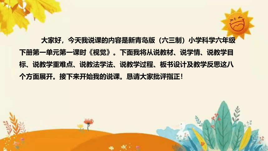 【新】青岛版小学科学六年级下册第一单元第一课时《视觉》说课课件(共27张PPT)附反思含板书设计