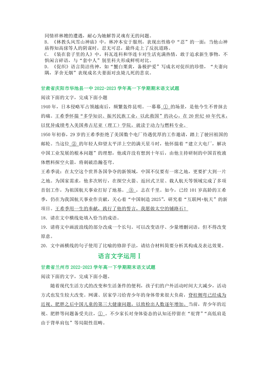 甘肃省部分地区2022-2023学年第二学期高一语文期末试卷汇编：语言文字运用Ⅰ（含答案）