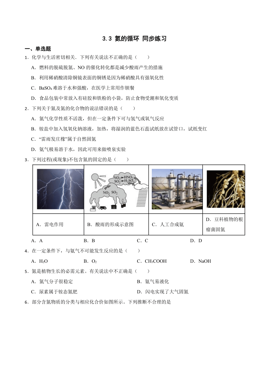 3.3 氮的循环（含解析） 同步练习 2023-2024学年高一上学期化学鲁科版（2019）必修第一册