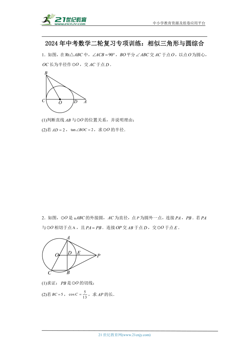 2024年中考数学二轮复习专项训练：相似三角形与圆综合（含解析）