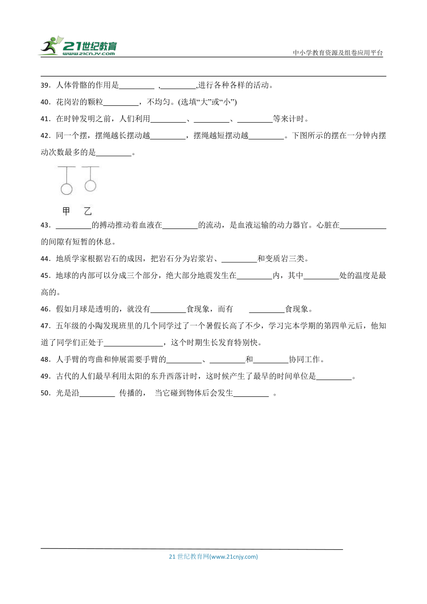 教科版五年级上册科学期末填空题专题训练（含答案）