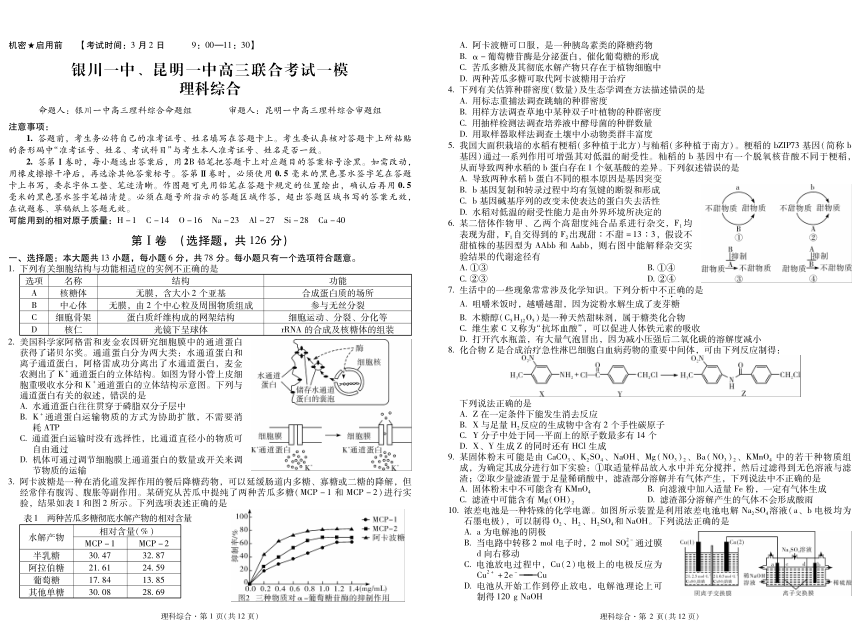 2024届宁夏银川一中、云南昆明一中高考3月联合模拟理科综合试卷（PDF版，无答案）