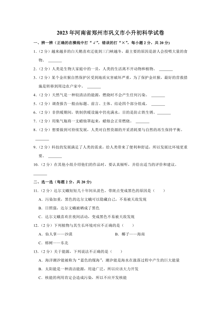 2023年河南省郑州市巩义市小升初科学试卷（含解析）