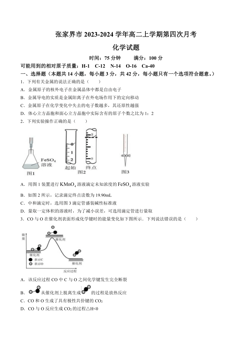 湖南省张家界市2023-2024学年高二上学期第四次月考化学试题（含答案）