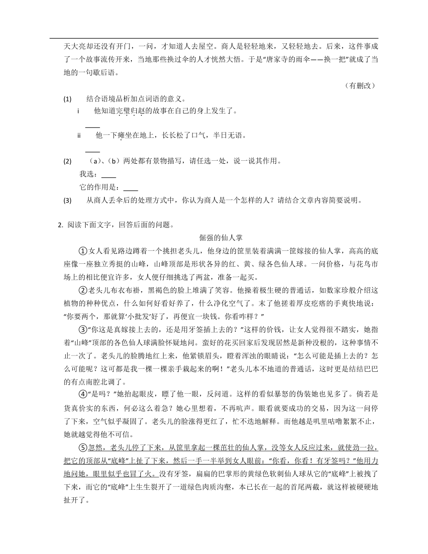 2023年九年级初升高暑假现代文阅读考点巩固专练（小说）：小说语言特色问题（含解析）