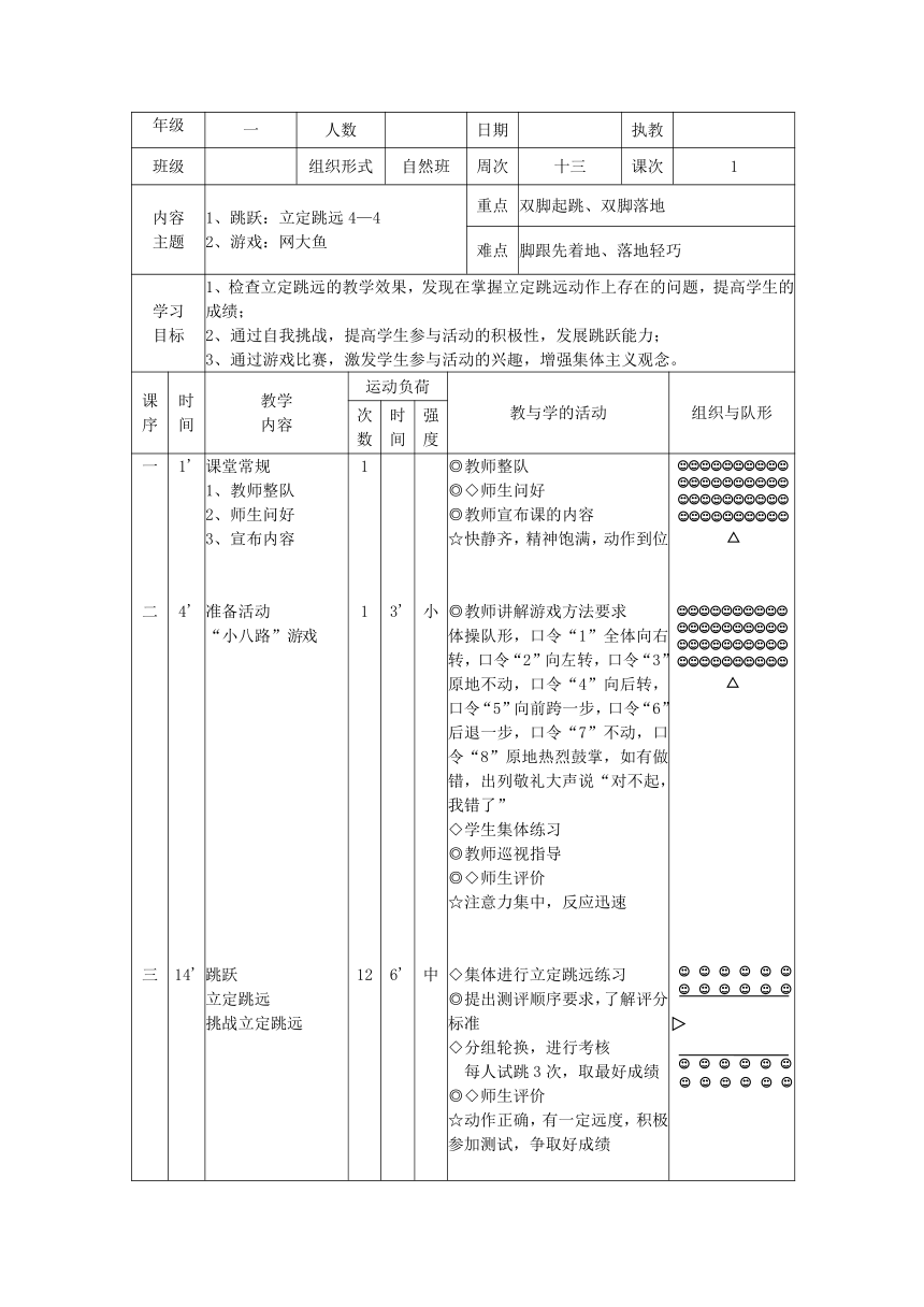 体育一年级上册1 立定跳远 教案（表格式）