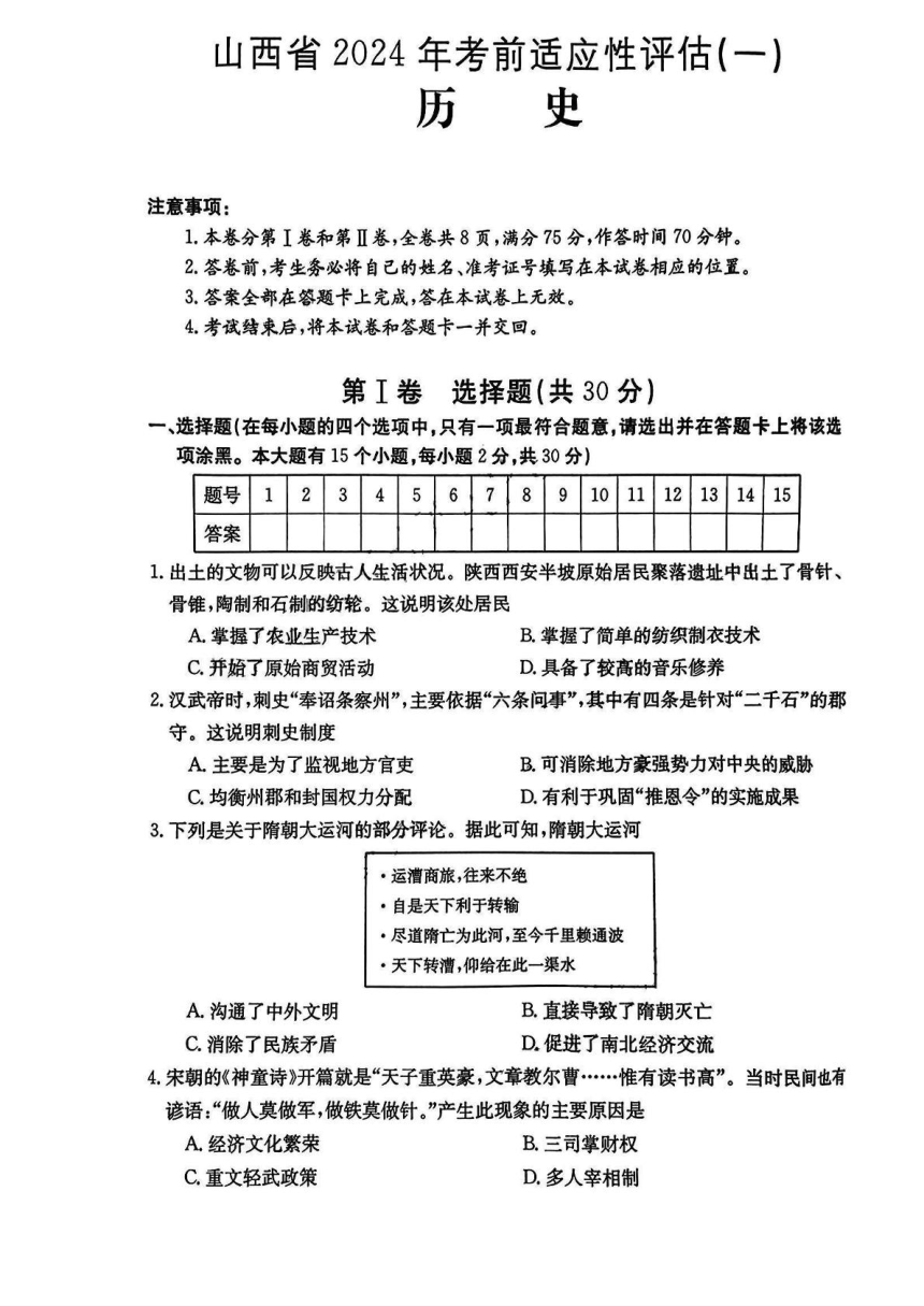 山西省吕梁市交口县2024年中考九年级历史考前适应性评估（扫描版无答案）