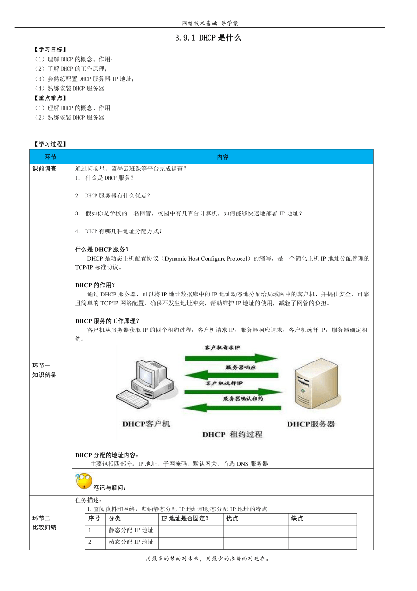 高教版《网络技术基础》3.9.1 DHCP是什么导学案（表格式无答案）