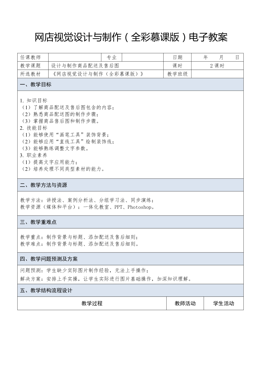 中职《网店视觉设计与制作》（人邮版·2023） 课题16 设计与制作商品配送及售后图 教案（表格式）