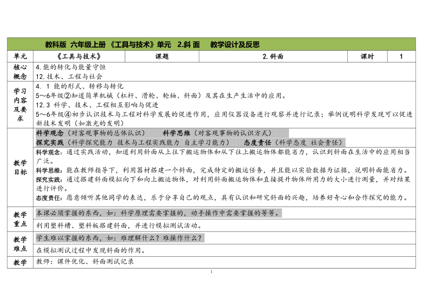 教科版六年级科学上册 第2课《斜面》（表格式教案）