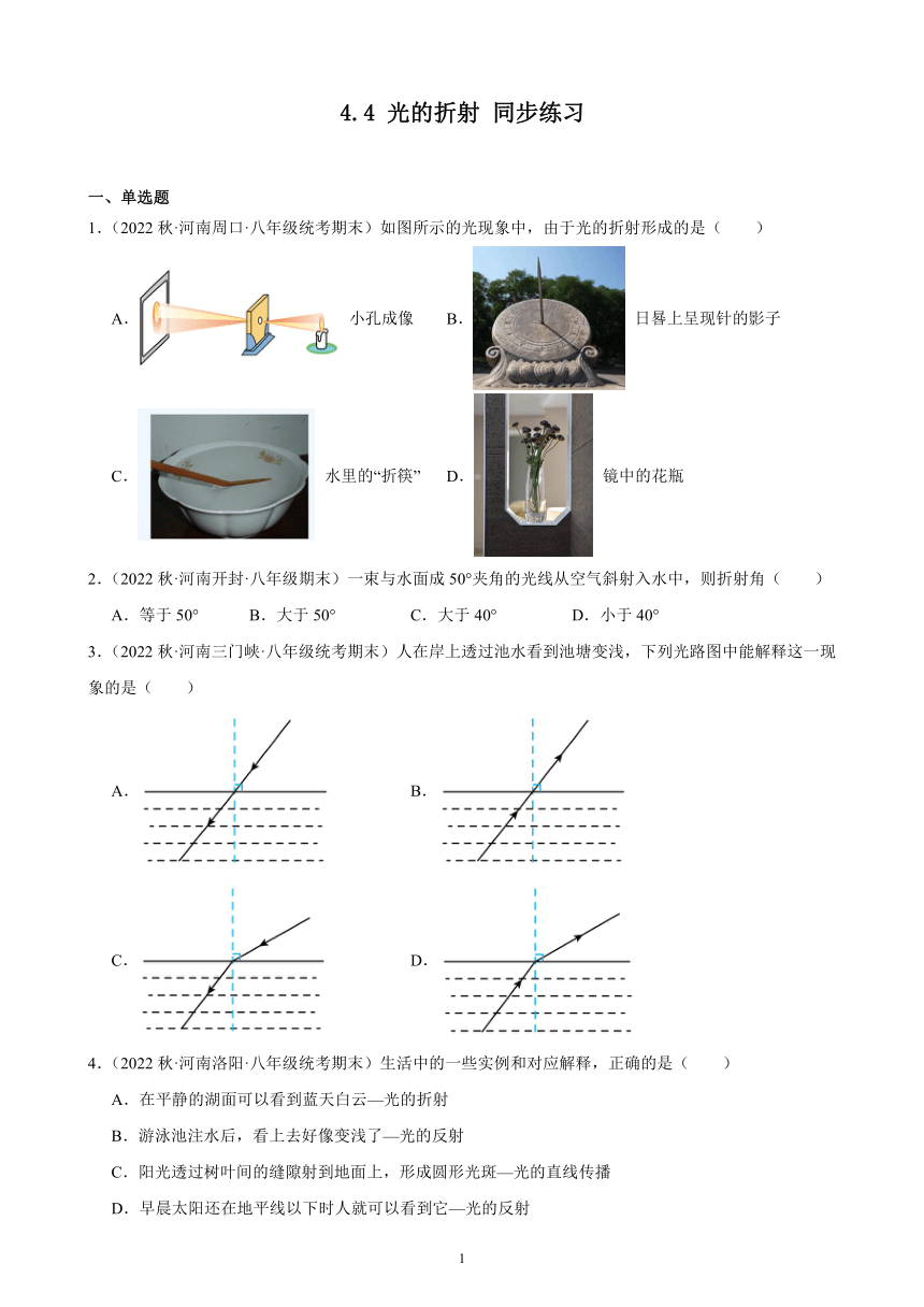 4.4 光的折射 同步练习（含解析） 2022－2023学年上学期河南省各地八年级物理期末试题选编