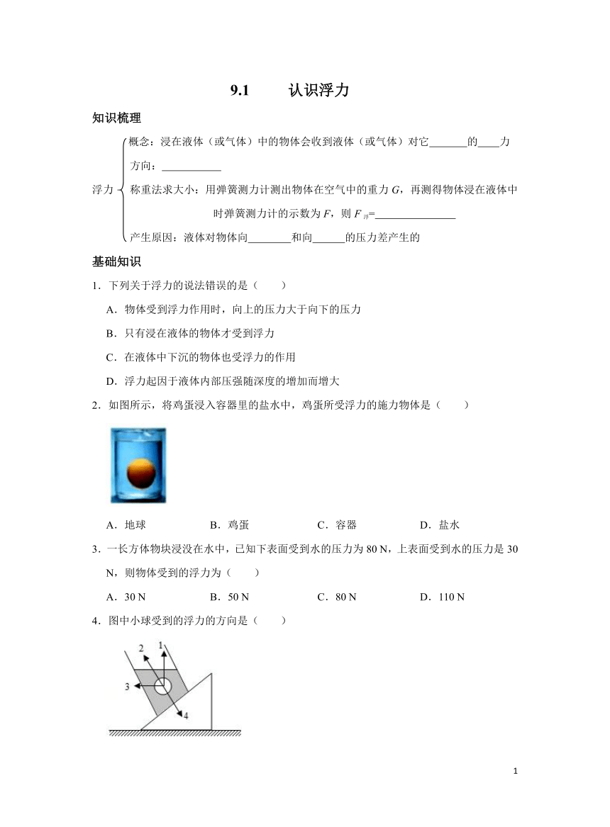 沪科版初中物理八年级9.1认识浮力同步习题（含解析）