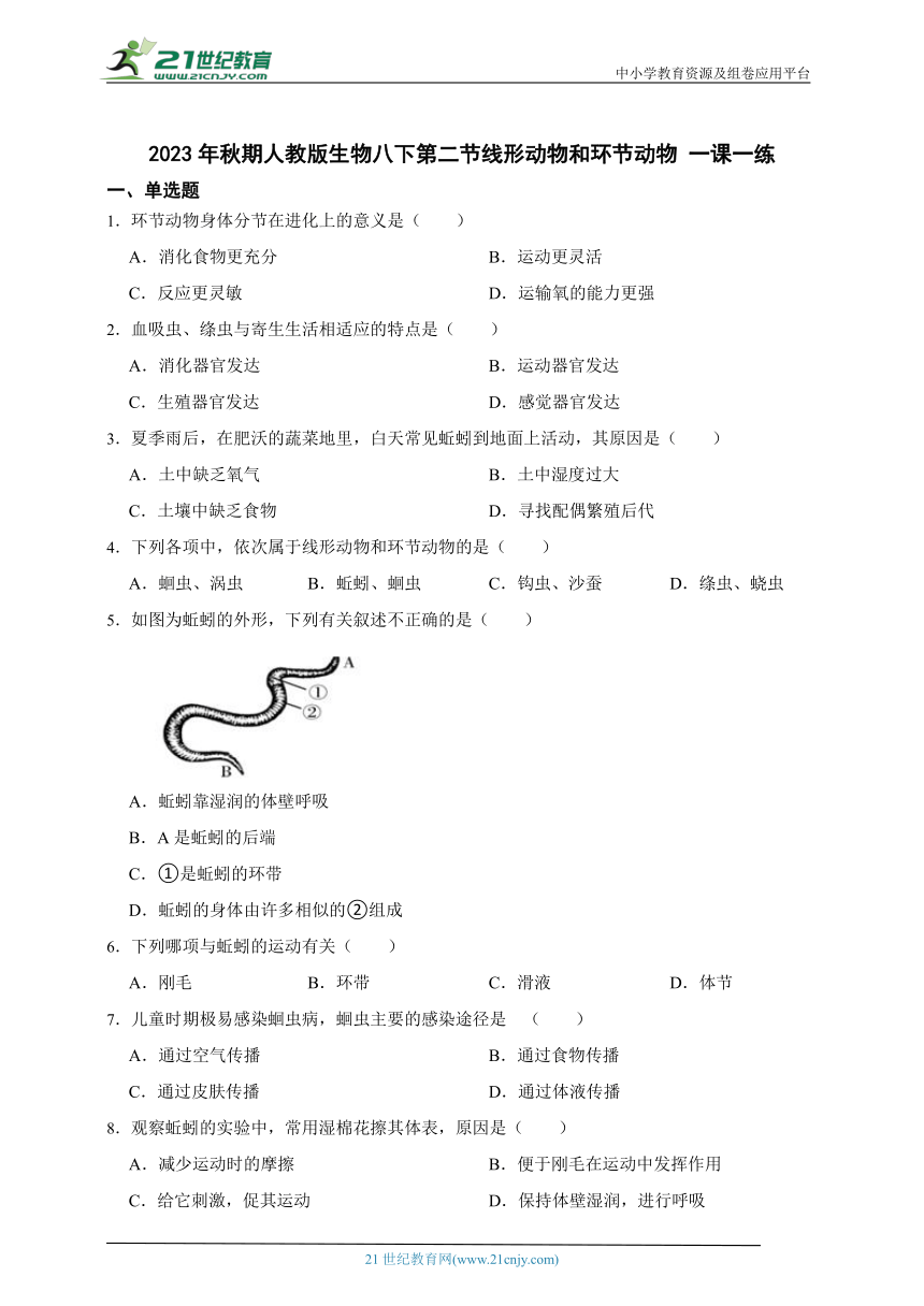 2023年秋期人教版生物八上5.1.2线形动物和环节动物 一课一练（含解析）