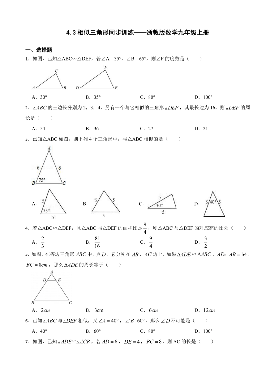 浙教版数学九年级上册4.3相似三角形 同步训练（含解析）