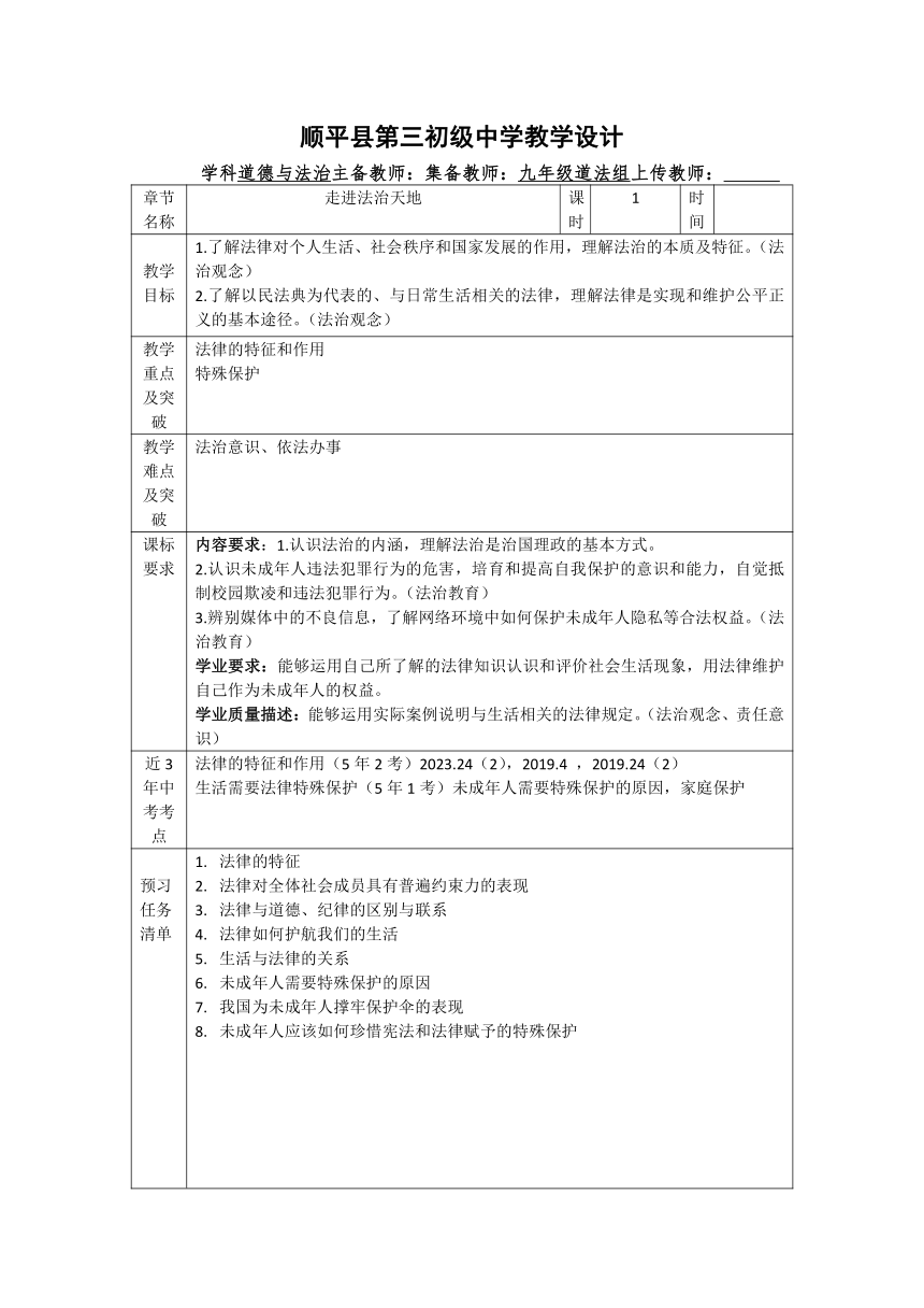 第四单元 走进法治天地 复习教案（表格式）-2023-2024学年统编版道德与法治七年级下册