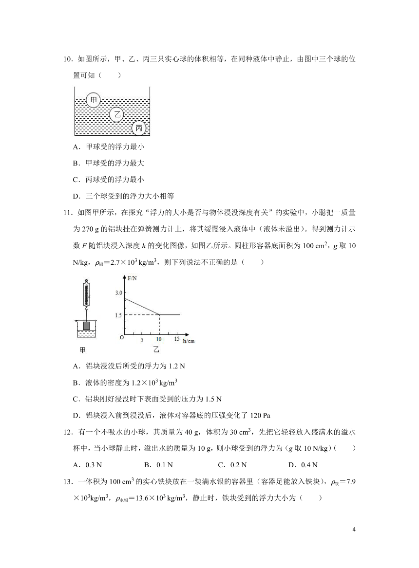 沪科版初中物理八年级9.2阿基米德原理同步习题（含解析）