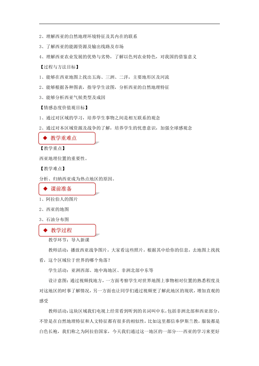 粤教版地理七年级下册第七章第四节 《西亚》教案