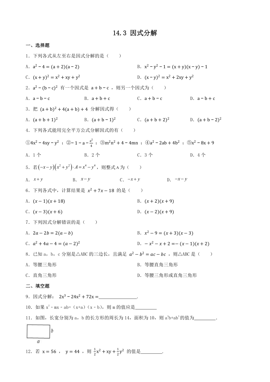 2023—2024学年人教版数学八年级上册 14.3 因式分解 同步练习（含答案）