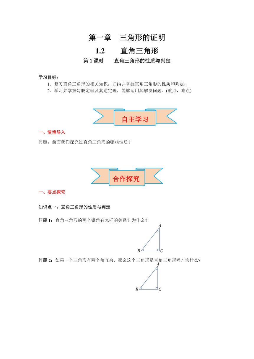 北师大版数学八年级下册1.2 第1课时 直角三角形的性质与判定 导学案 （含答案）