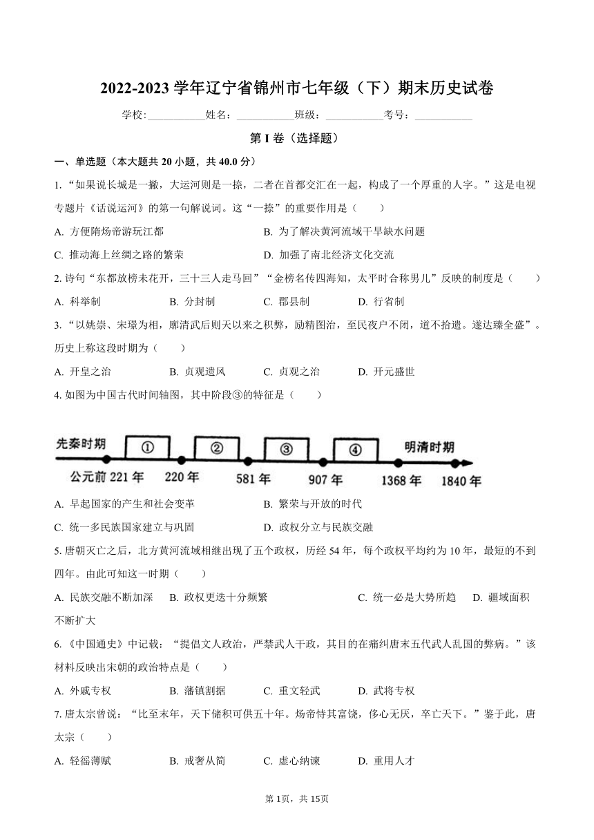 2022-2023学年辽宁省锦州市七年级（下）期末历史试卷（含解析）