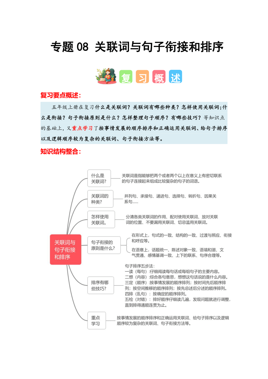 2023-2024学年五年级语文寒假专项练习专题08+关联词与句子衔接和排序（有答案）