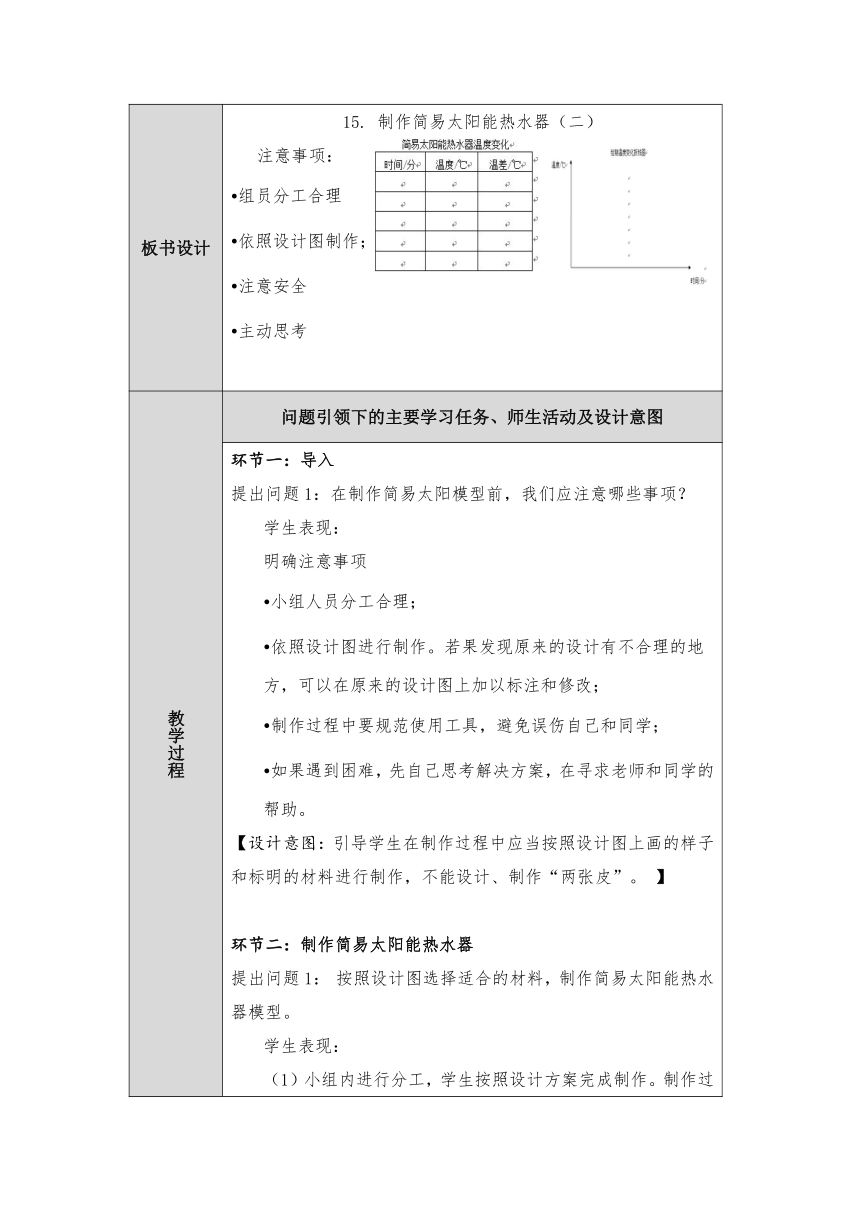 人教鄂教版小学科学五年级上册五单元16课《制作简易太阳能热水器》第2课时教案 （表格式）