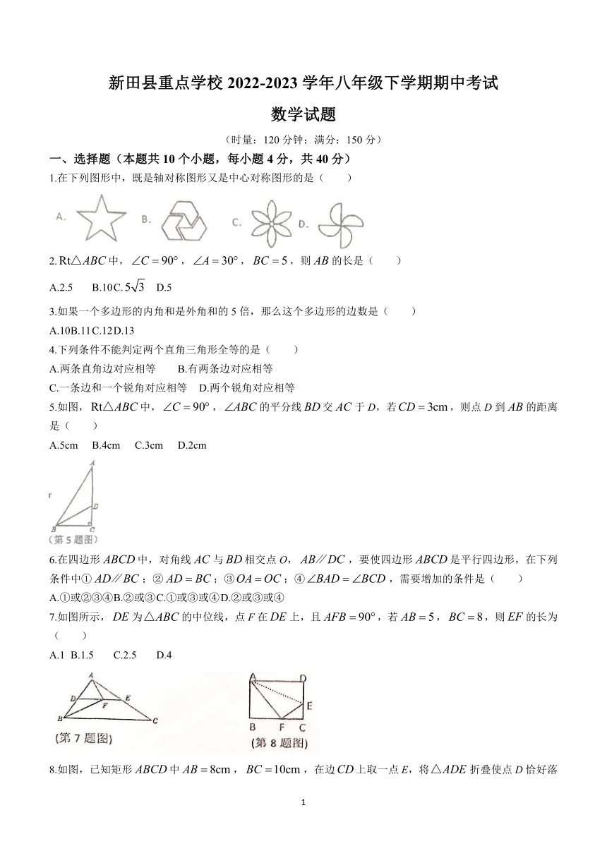 湖南省永州市新田县重点学校2022-2023学年八年级下学期期中考试数学试题(无答案)