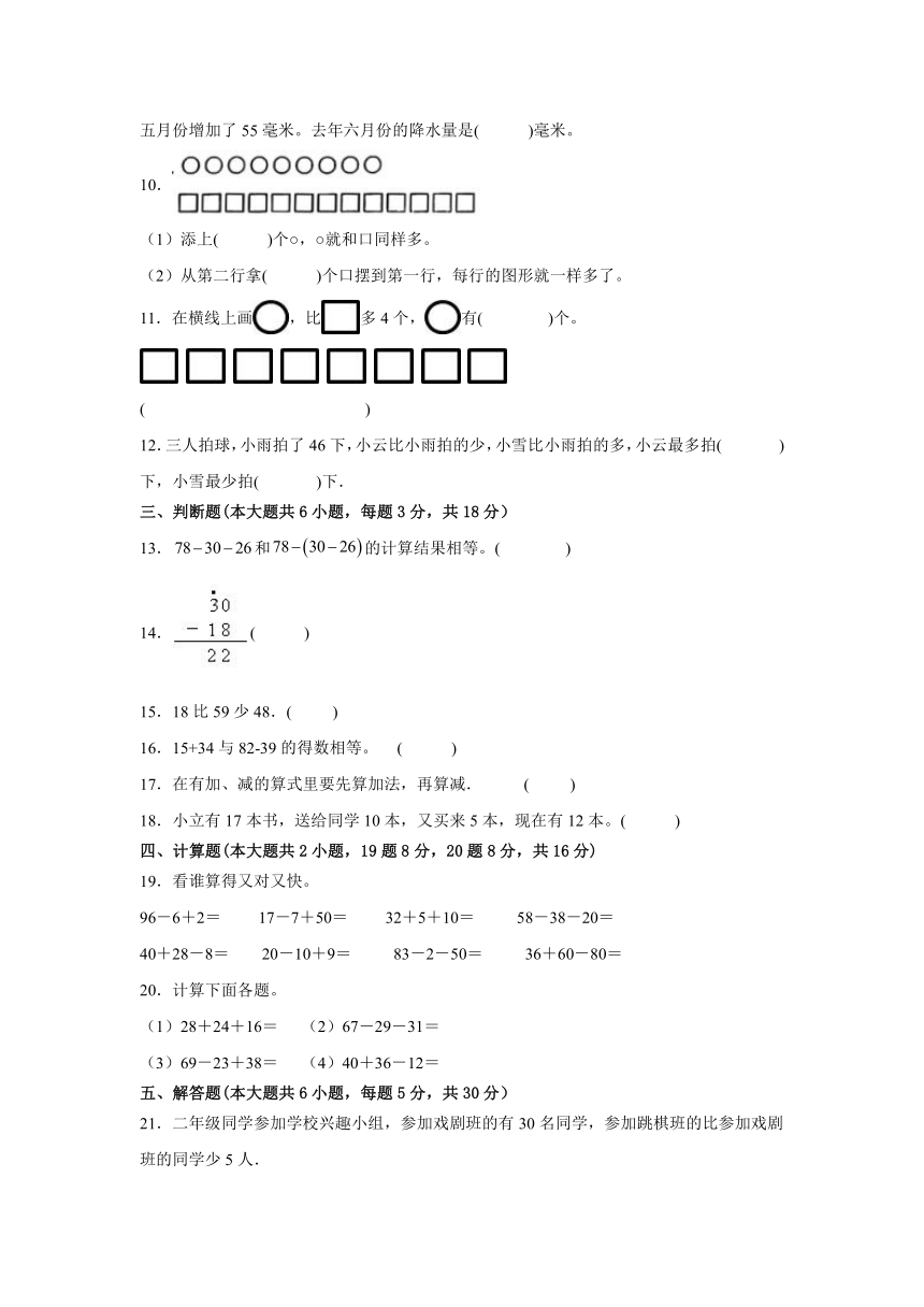 苏教版二年级上册数学第一单元100以内的加法和减法（三）（单元测试）（无答案）