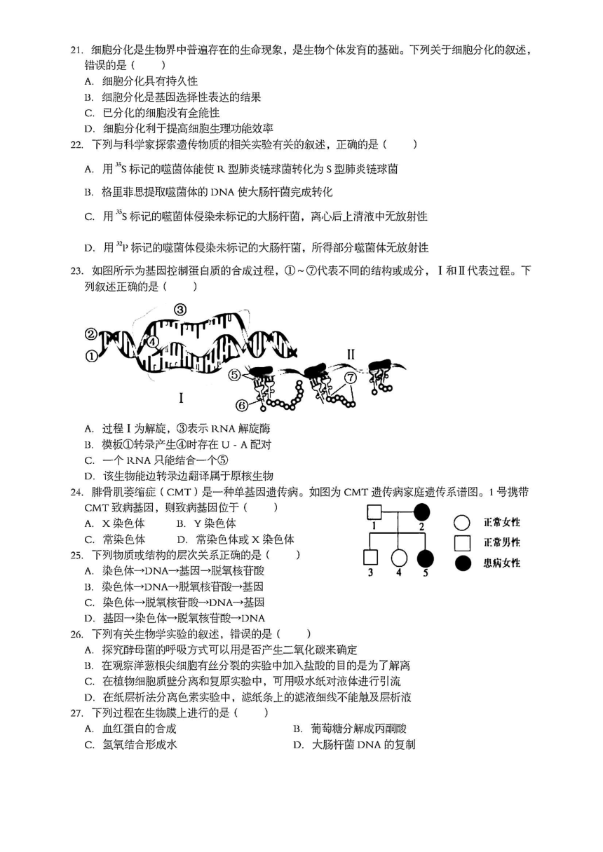 2024年江苏省盐城市射阳县高二学业水平模拟测试生物学试题（PDF含答案）