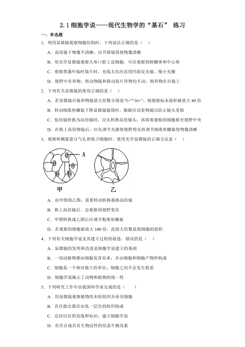 2.1细胞学说——现代生物学的“基石” 练习（解析版）